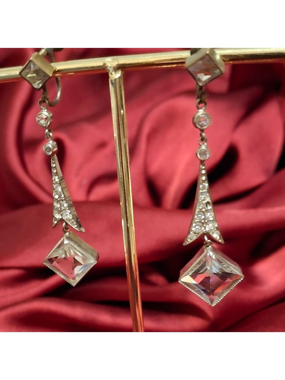 Art Deco Faceted Czech Glass Silver Drop Screwback Earrings Vintage
